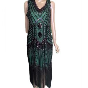 BABEYOND NWOT Dress Flapper Gatsby  Green W/ Black Sequins Fringe Headband Large